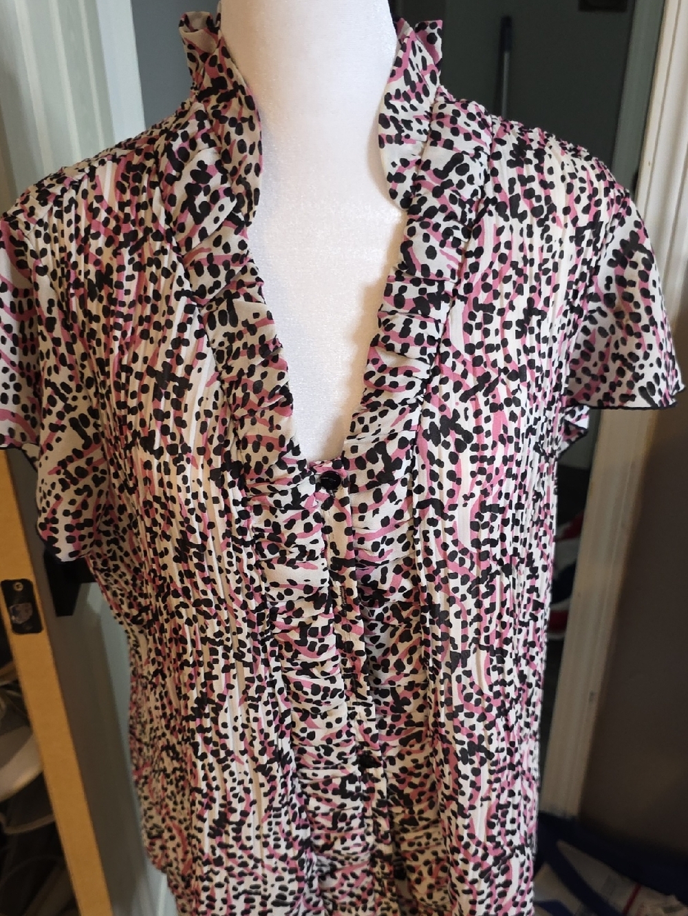 new directions Pink, Black & Cream Ruffled V-Neck Blouse